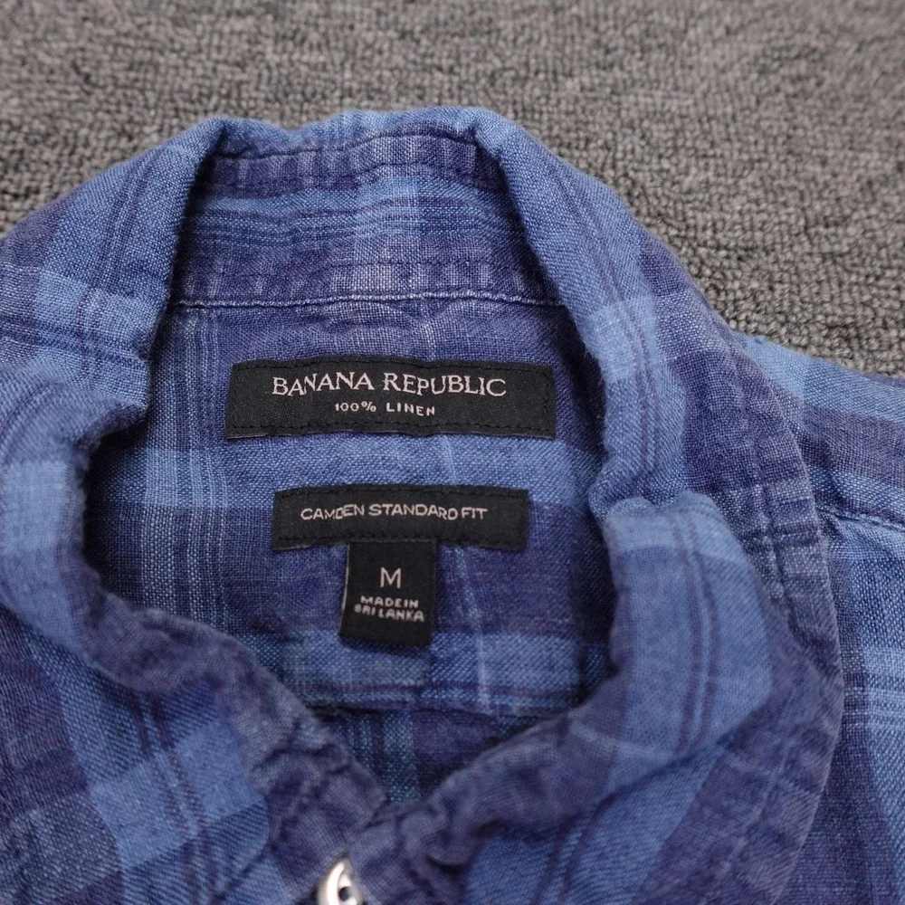 Banana Republic Shirt Mens Medium Blue Plaid Linen Short Sleeve Button Up Casual